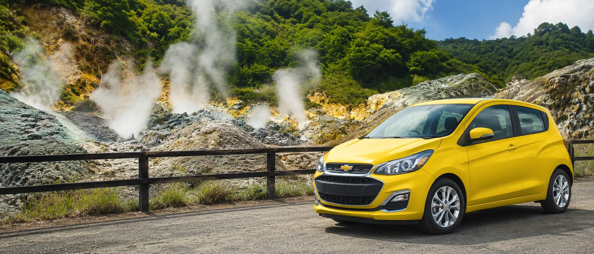 Rental car overlooking the Sulphur Springs landscape in Saint Lucia