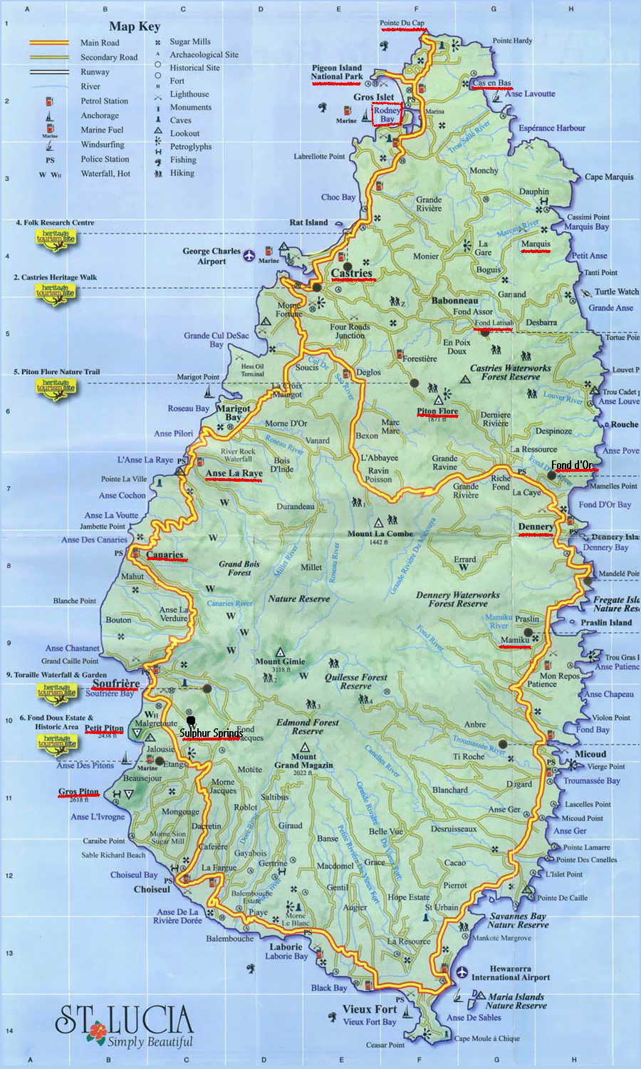 Road map of Saint Lucia used as a visual route-planning reference